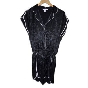 Victoria's Secret Women's Large Black Satin Sleep Romper Pajamas White Piping